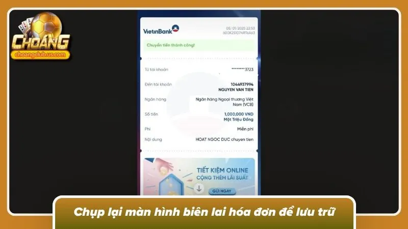 Chụp lại màn hình biên lai hóa đơn để lưu trữ