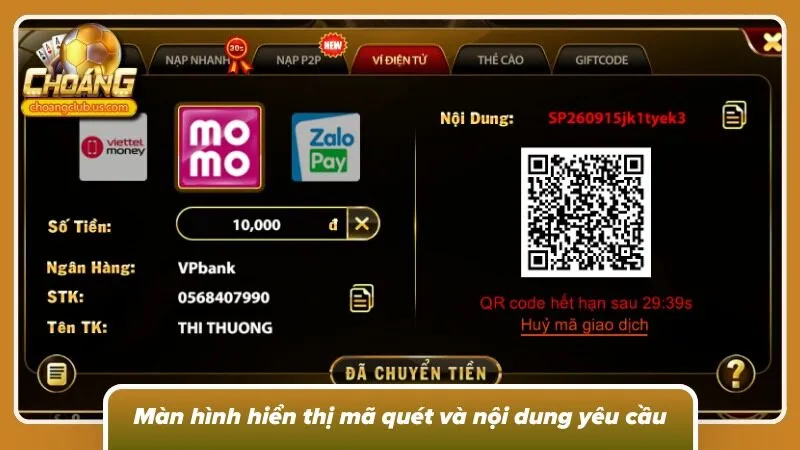 Màn hình hiển thị mã quét và nội dung yêu cầu